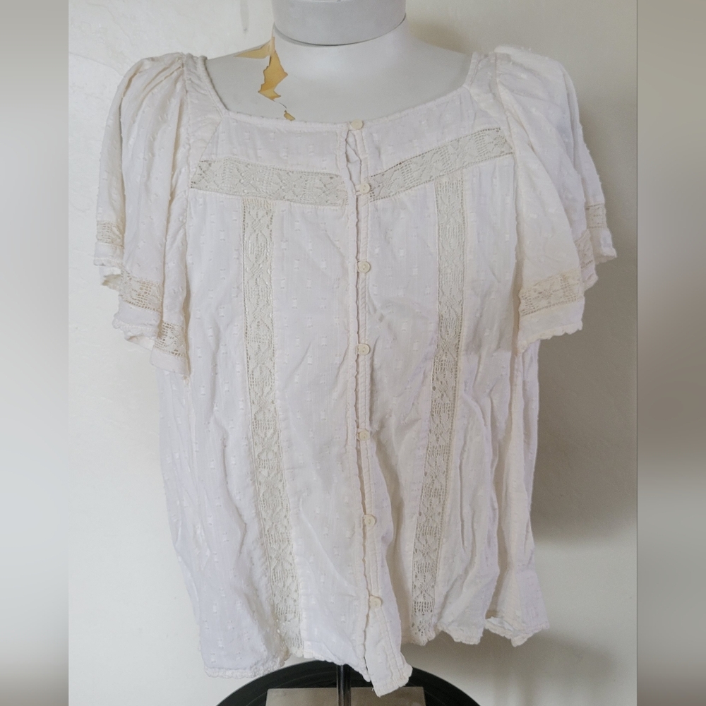 Old Navy Cream Boho Swiss Dot Crochet Lace Blouse Shirt